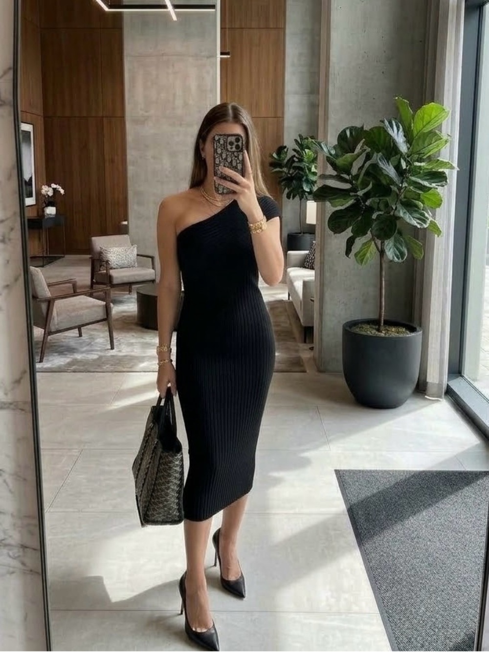 Express Black One-Shoulder Ribbed Midi Dress